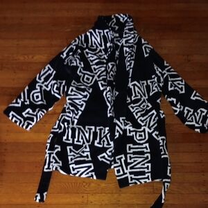 PINK Victoria's Secret Black & White Logo Tie-Front Teddy Bath Robe